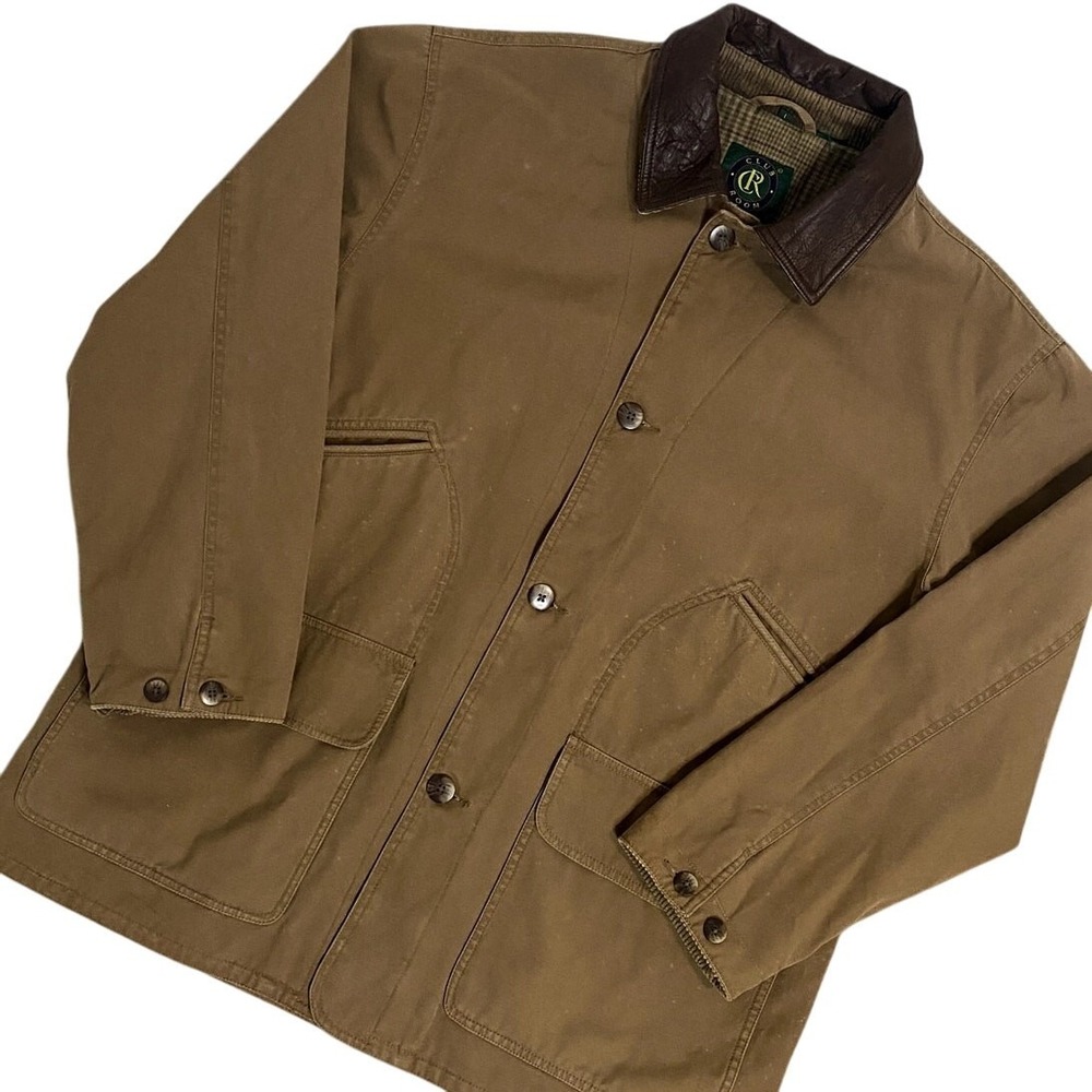 Vintage Club Room Upland Barn Chore Jacket Men L Brown Canvas Leather Trim